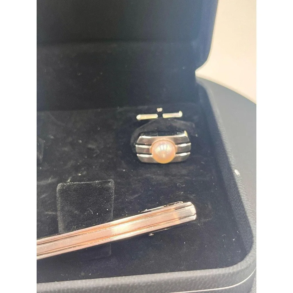Japanese Vintage Akoya Pearl Tie Clip Cuff Link Set 2013 Japan 10k Gold Plated